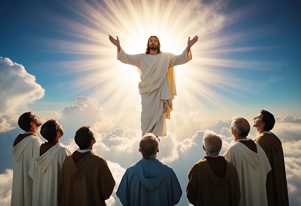 Jesus ascends into heaven, surrounded by radiant light and clouds, as his disciples watch in awe from below