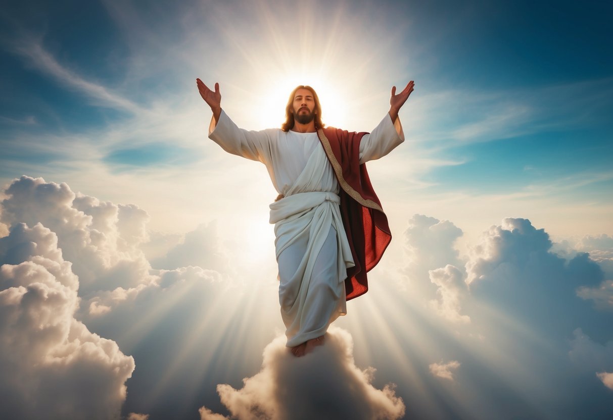 Jesus ascends into heaven, surrounded by light and clouds, with a sense of majesty and divine power