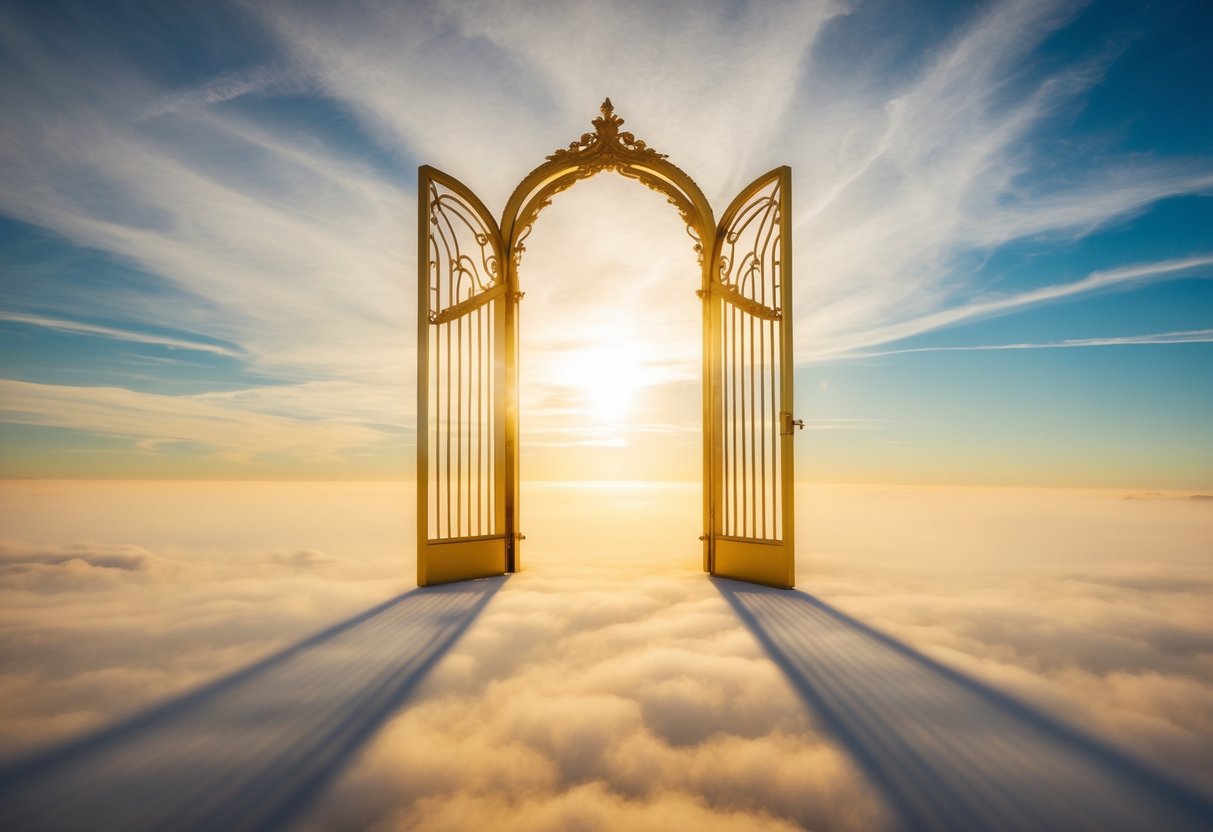 A vast, serene sky with a golden gate opening to a radiant, ethereal realm