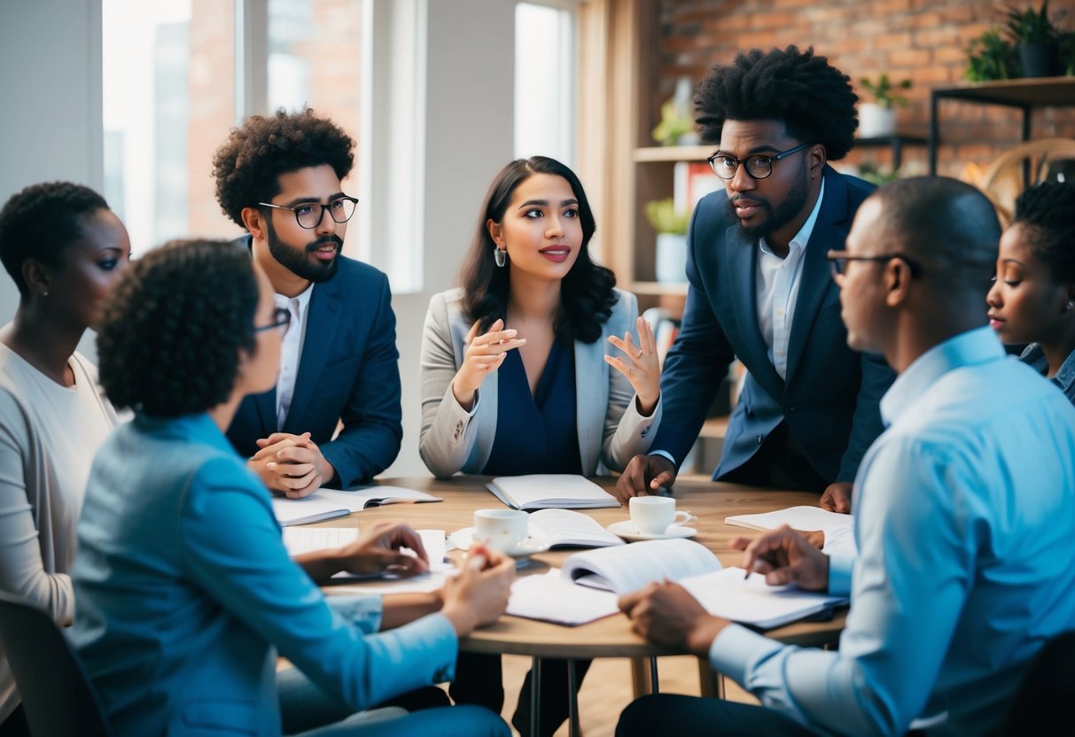 A group of diverse individuals engage in a thought-provoking discussion about the possibility of atheists entering heaven. The scene is filled with open-mindedness and contemplation