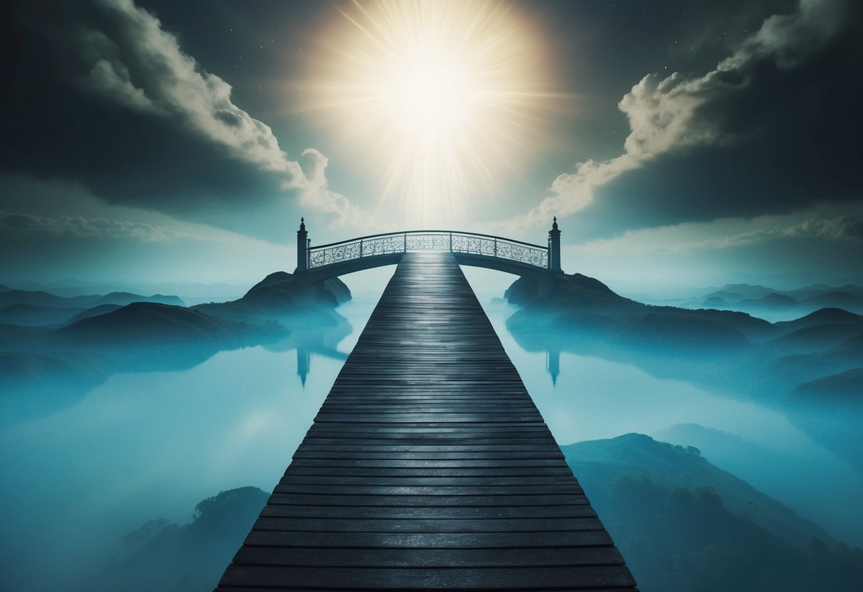 A serene, otherworldly landscape with a bridge leading to a radiant, celestial realm, while a shadowy path leads to a dark, foreboding abyss