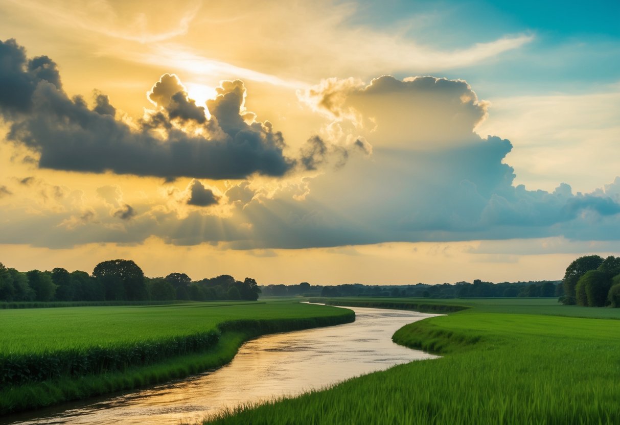 A serene landscape with a golden sky, fluffy white clouds, and a peaceful river flowing through lush green fields, evoking a sense of eternal peace and tranquility
