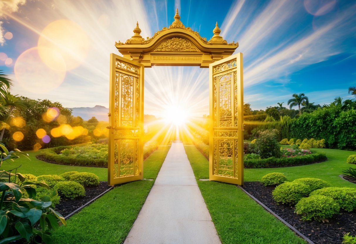 A golden gate opening to a radiant, celestial realm, with a path leading to it through a lush, peaceful garden