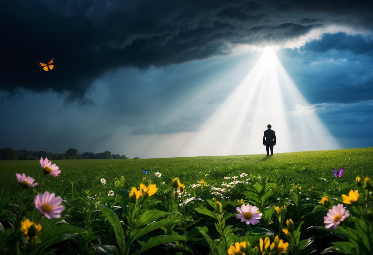 A dark, stormy sky parts to reveal a radiant beam of light shining down on a solitary figure standing in a lush, green meadow, surrounded by blooming flowers and butterflies