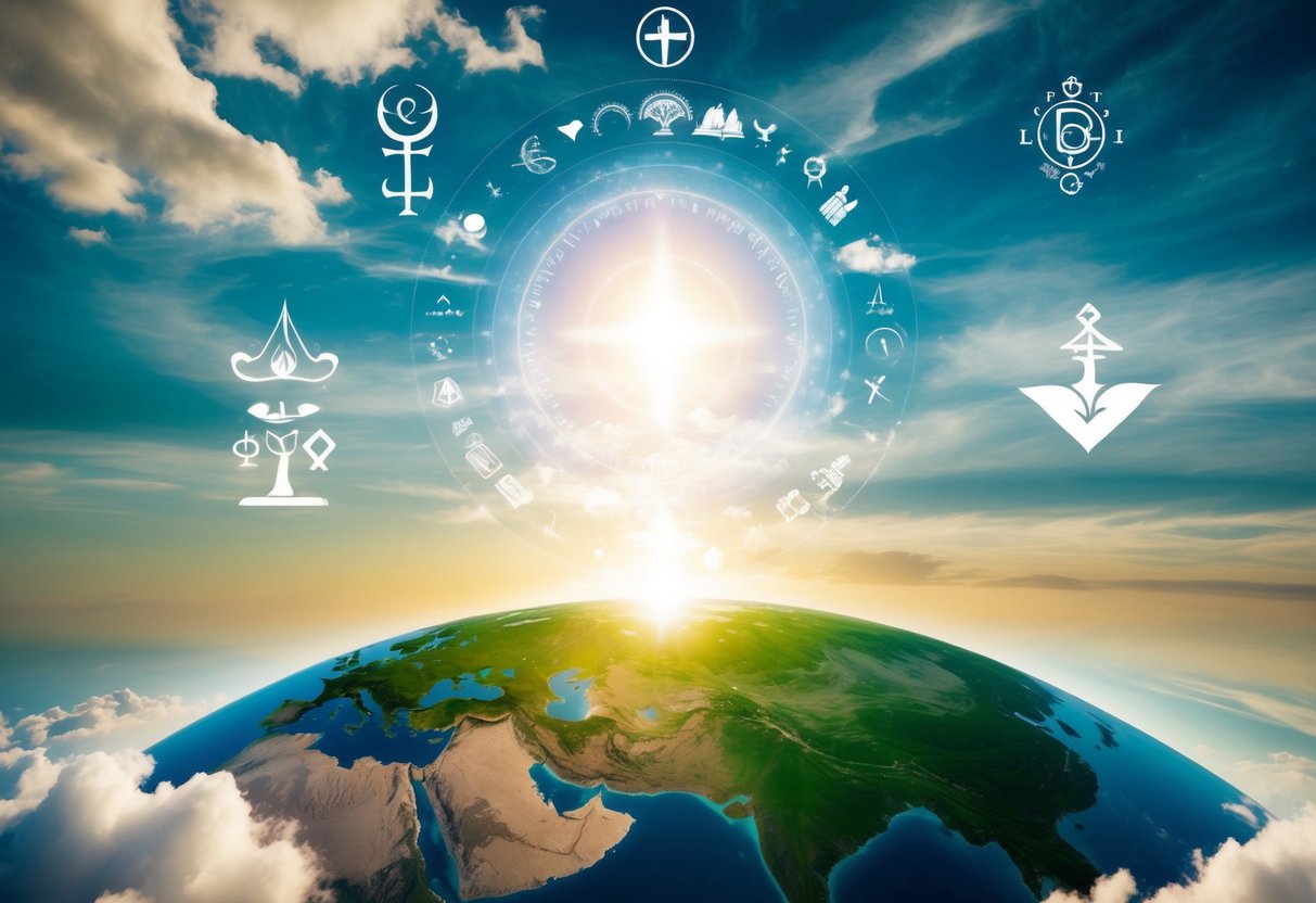 A serene, celestial realm floating above a lush, green earth, with various symbols representing different beliefs surrounding the concept of heaven