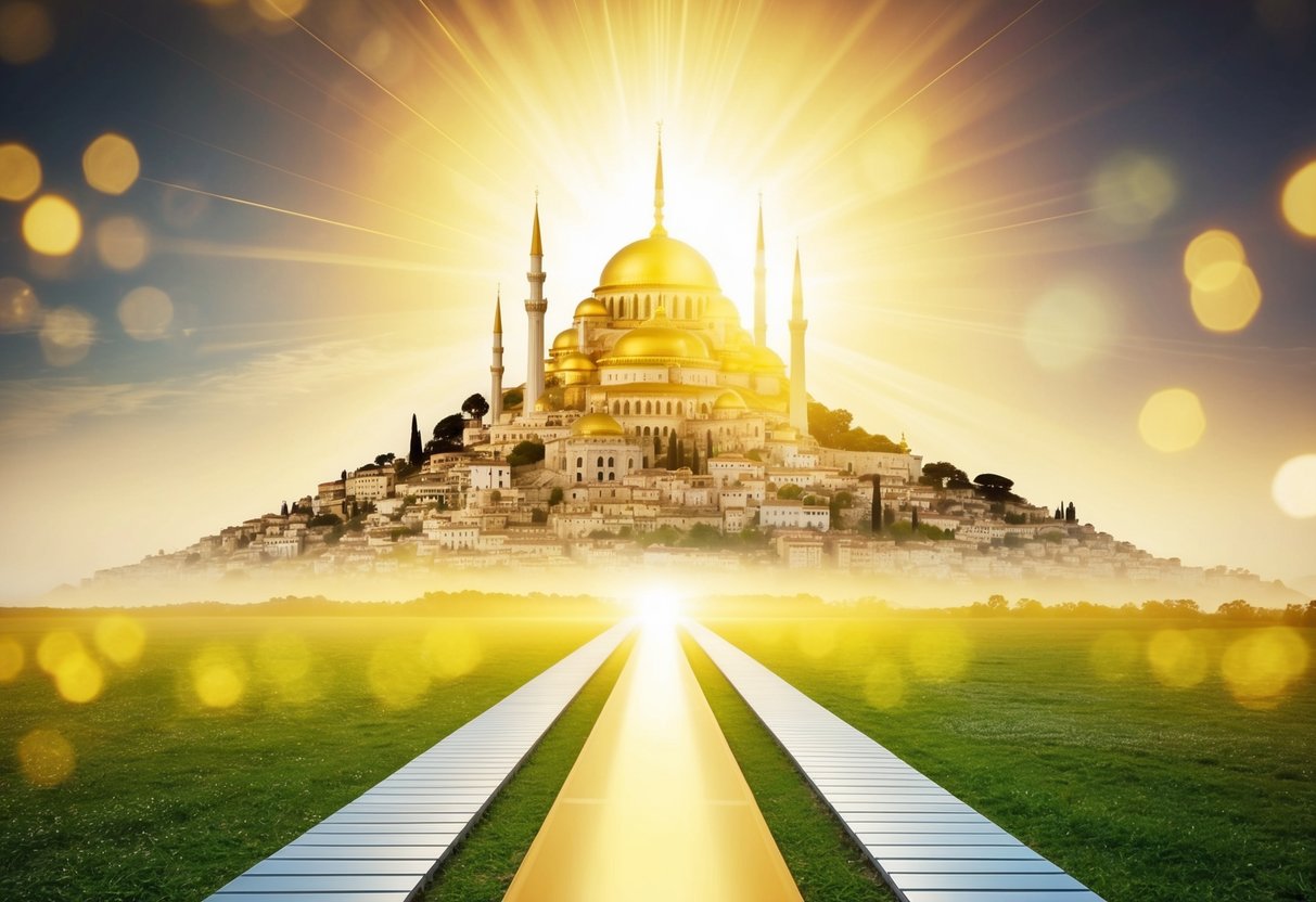 A radiant golden city hovers above a serene landscape, with a shining path leading from Earth to the gates of Heaven