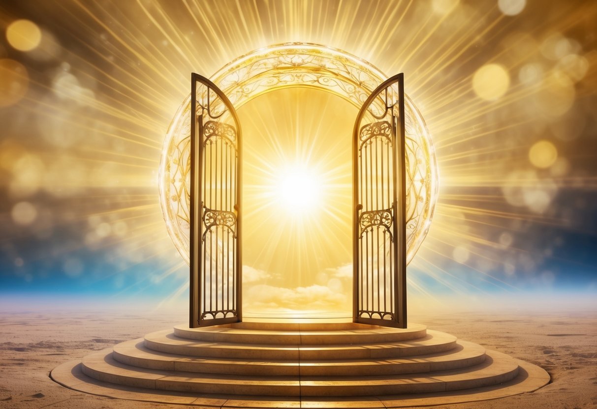 A radiant, celestial gate opening to a golden, ethereal realm, with a sense of peace and serenity emanating from within