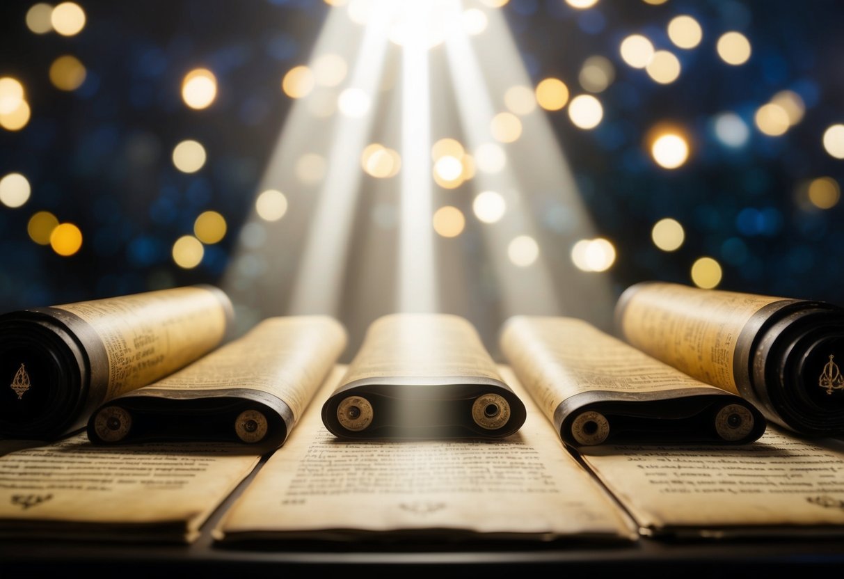 A beam of light shines down on a collection of ancient scrolls, surrounded by symbols of faith and wisdom