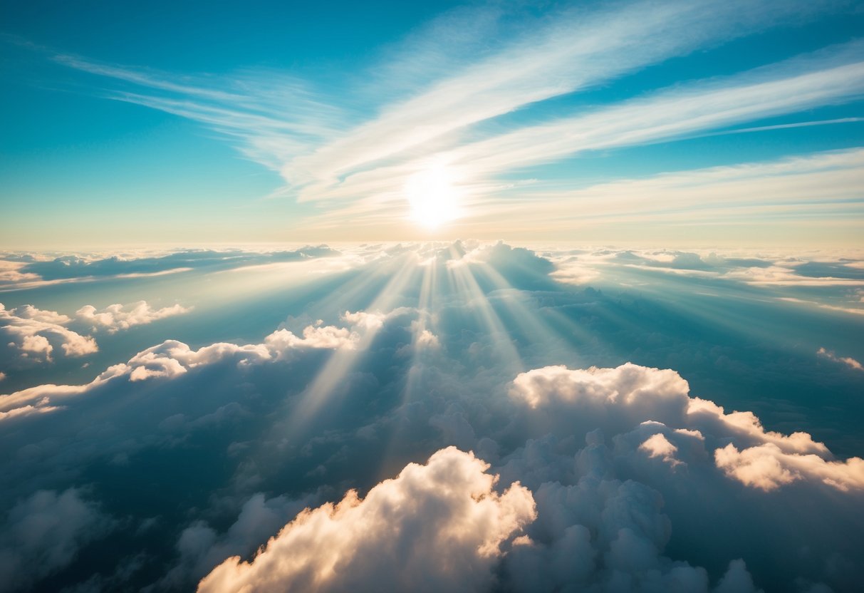 A vast, endless sky stretches out, filled with radiant light and fluffy clouds, creating a sense of infinite space and beauty