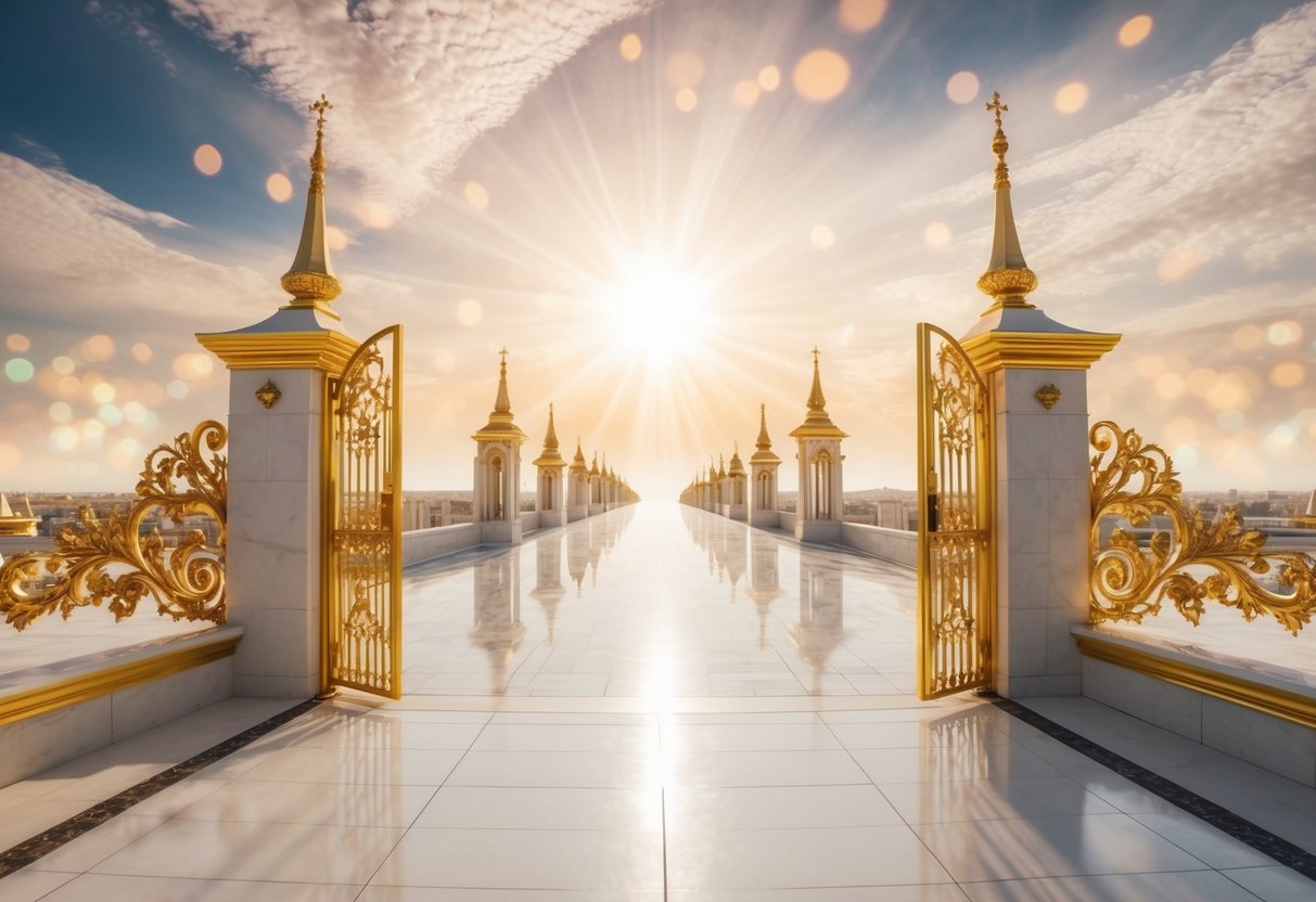 A vast, celestial realm with golden gates, pearly streets, and endless expanses of radiant light and ethereal beauty