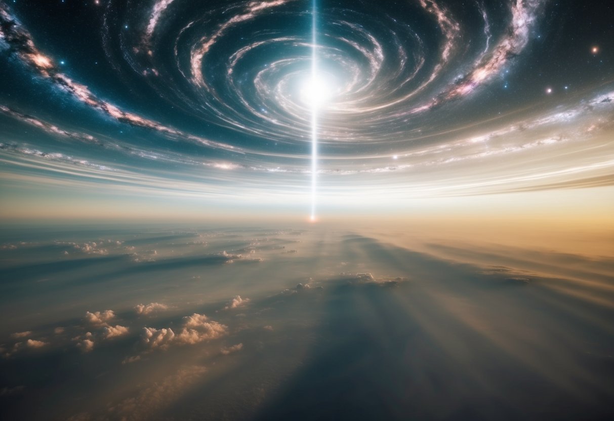 A vast, otherworldly realm with swirling galaxies and celestial bodies stretching into infinity. A radiant, ethereal light bathes the boundless expanse of Heaven's Dimensions