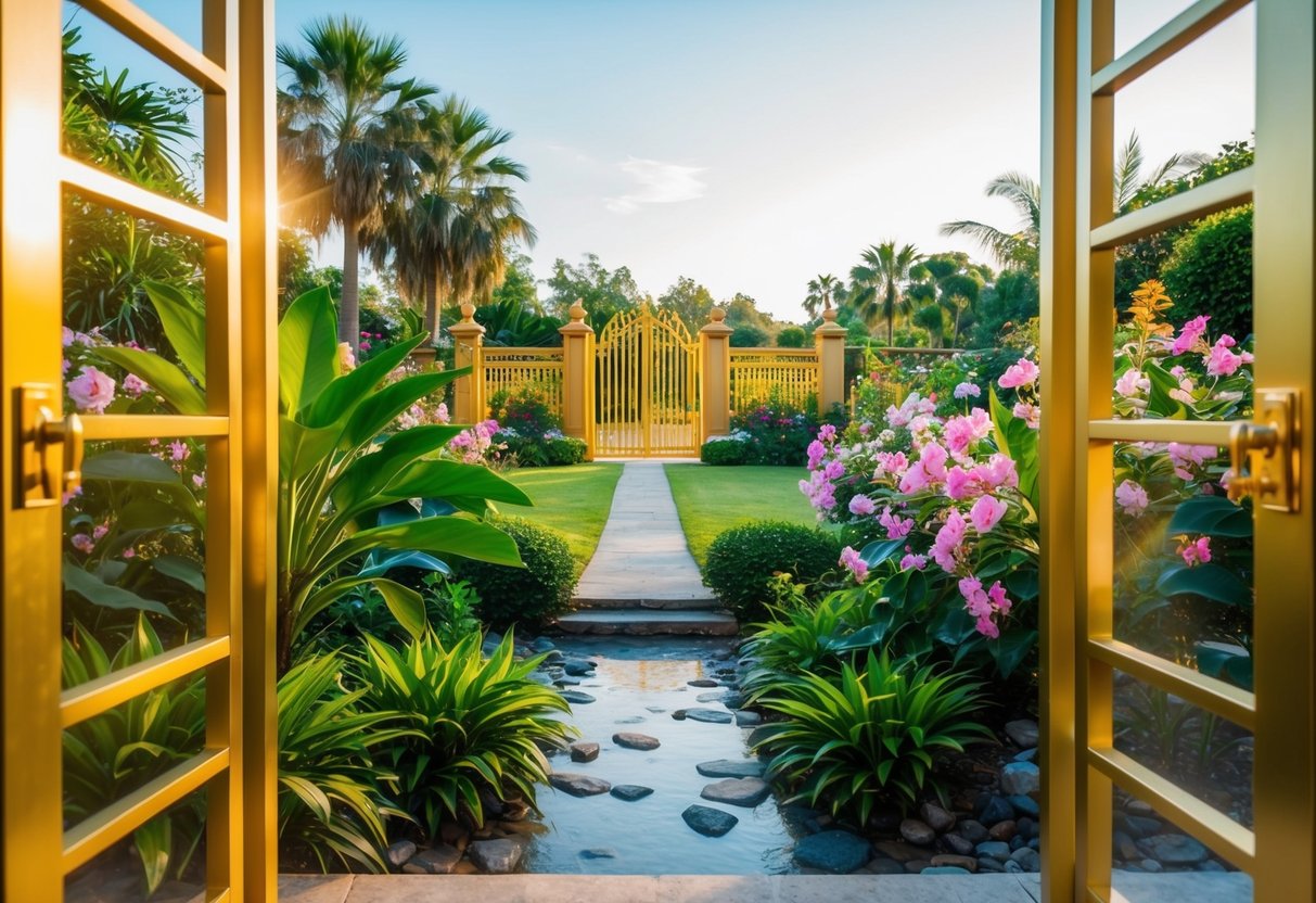 A serene, golden gate leading to a paradise garden with blooming flowers and gentle streams, symbolizing the possibility of finding peace after divorce and remarriage