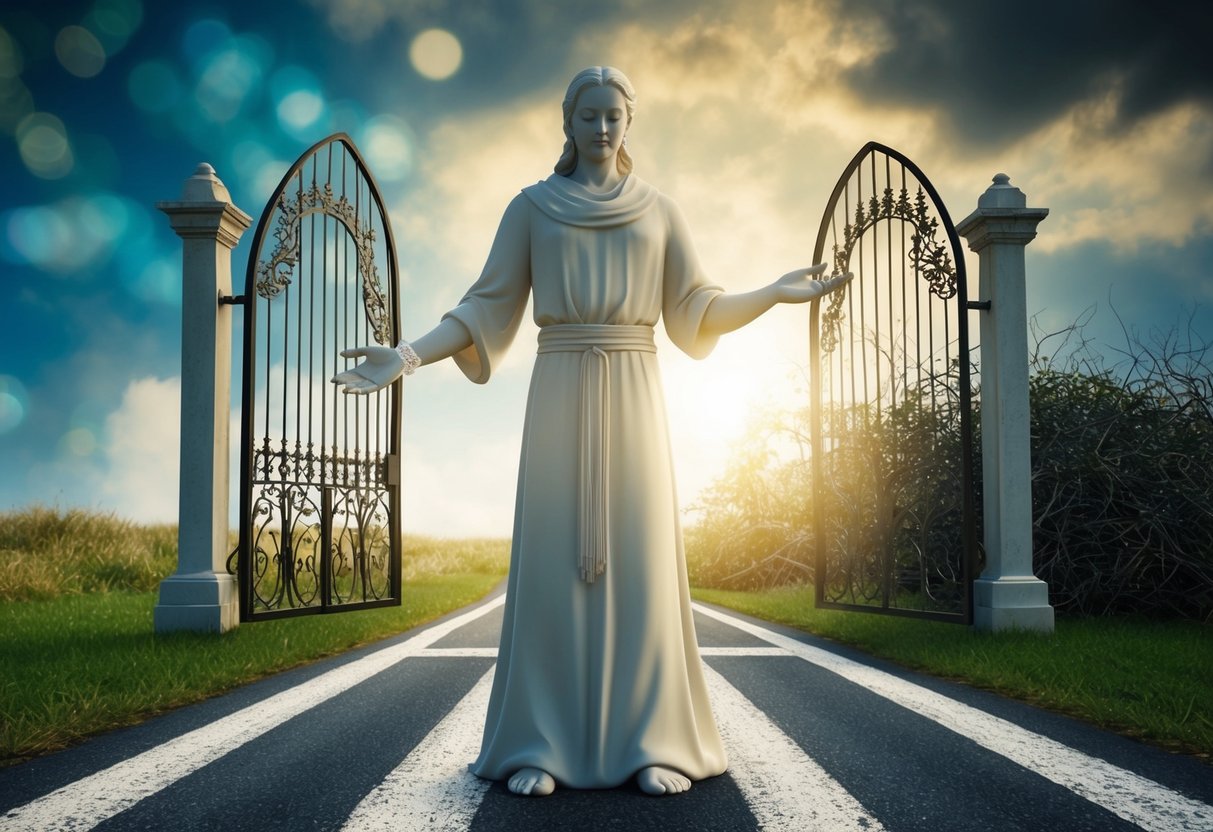 A serene figure stands at a crossroads, one path leading to a heavenly gate, the other to a tangled thicket. A wedding band glimmers on one hand, while the other is empty