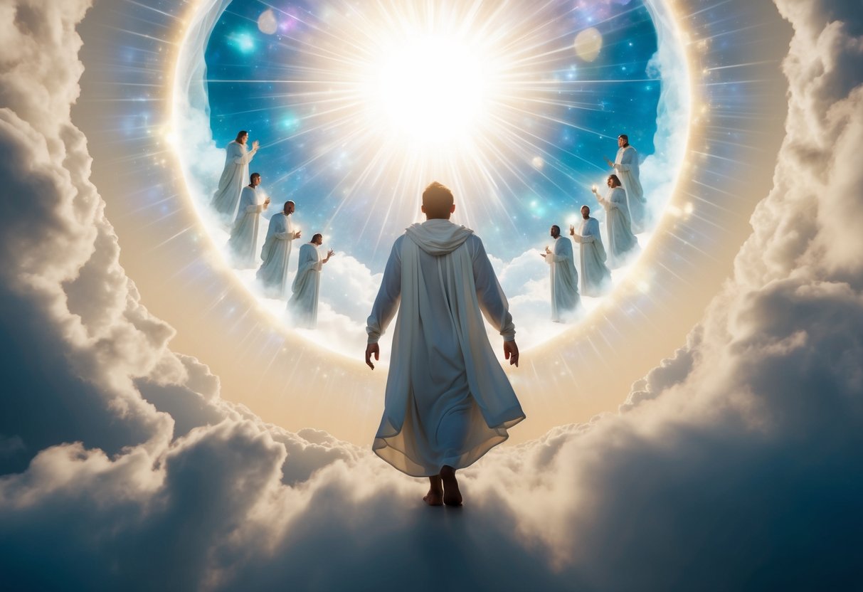 Solomon ascending to a radiant, celestial realm, surrounded by ethereal beings and a sense of divine peace