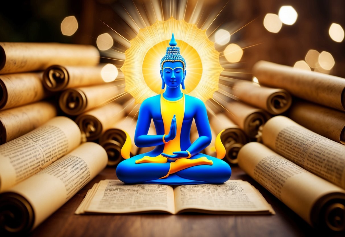 A radiant figure surrounded by scrolls and ancient texts, emanating wisdom and enlightenment