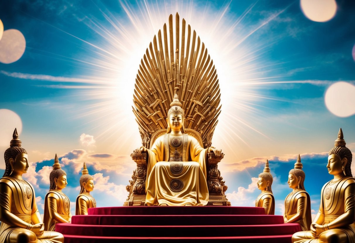 A majestic throne surrounded by celestial beings, radiating light and wisdom, with a sense of eternal peace and fulfillment