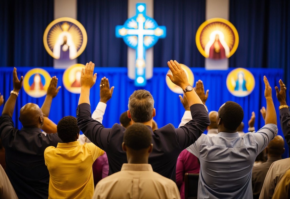 A group of worshippers raising their voices in prayer and praise, surrounded by symbols of the Father, Son, and Holy Spirit