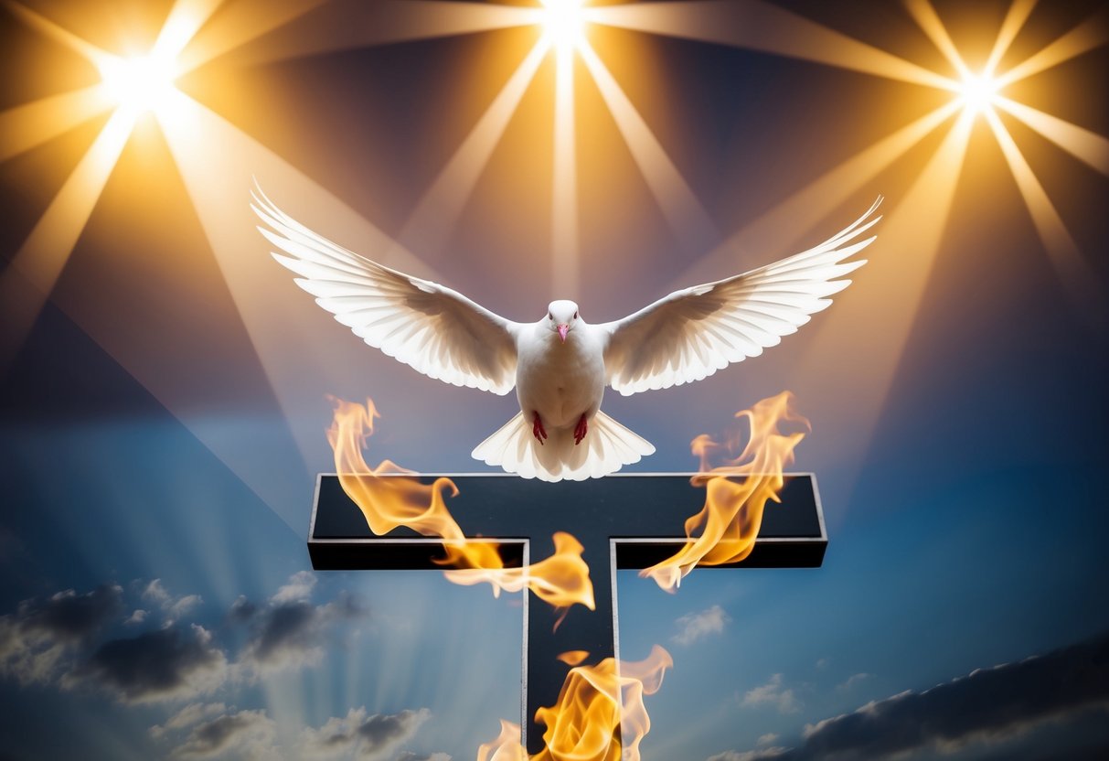 A dove hovering above a cross, surrounded by flames, with three distinct rays of light shining down from above