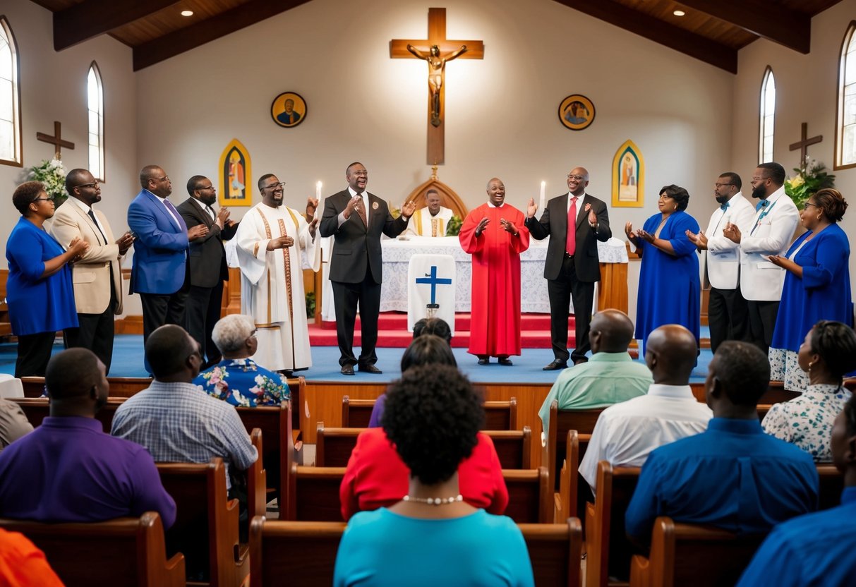 A group of Pentecostals worshiping in a church, with emphasis on the belief in the trinity. The scene includes a preacher, a congregation, and symbols of the Father, Son, and Holy Spirit