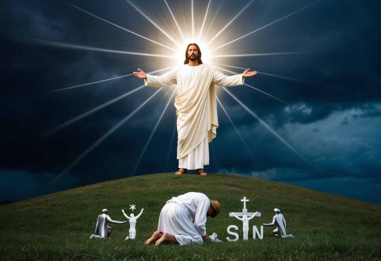 Jesus stands on a hill, arms outstretched, as a radiant light emanates from him, illuminating a dark, stormy sky. Below, a figure kneels in repentance, surrounded by symbols of sin