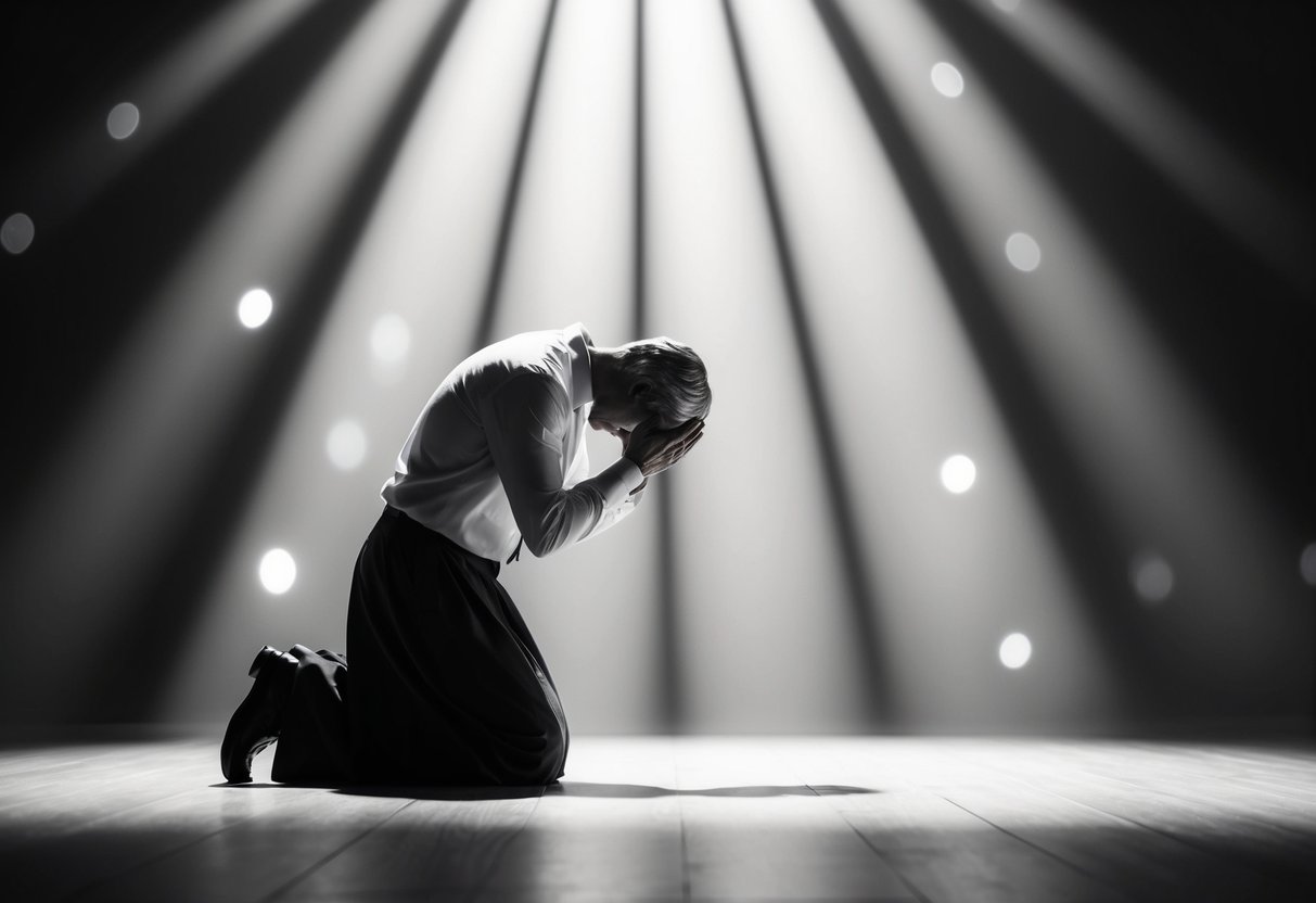 A figure kneeling in a beam of light, head bowed, with a sense of remorse and penitence