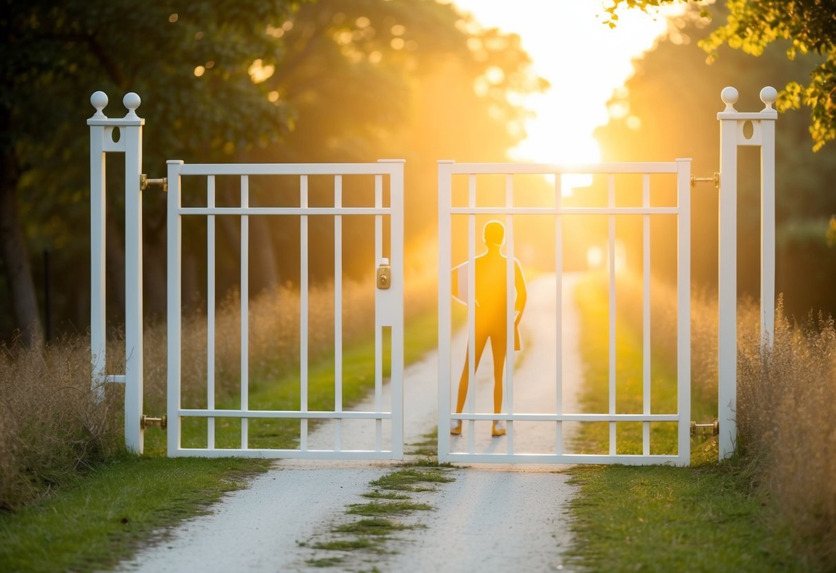 A narrow path leading to a bright, open gate with a shining figure standing on the other side