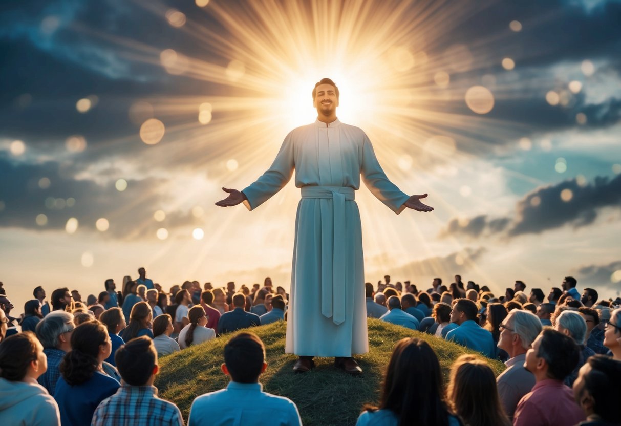 A radiant figure stands on a hill, surrounded by people. His words seem to echo through the crowd, drawing their attention and stirring their hearts