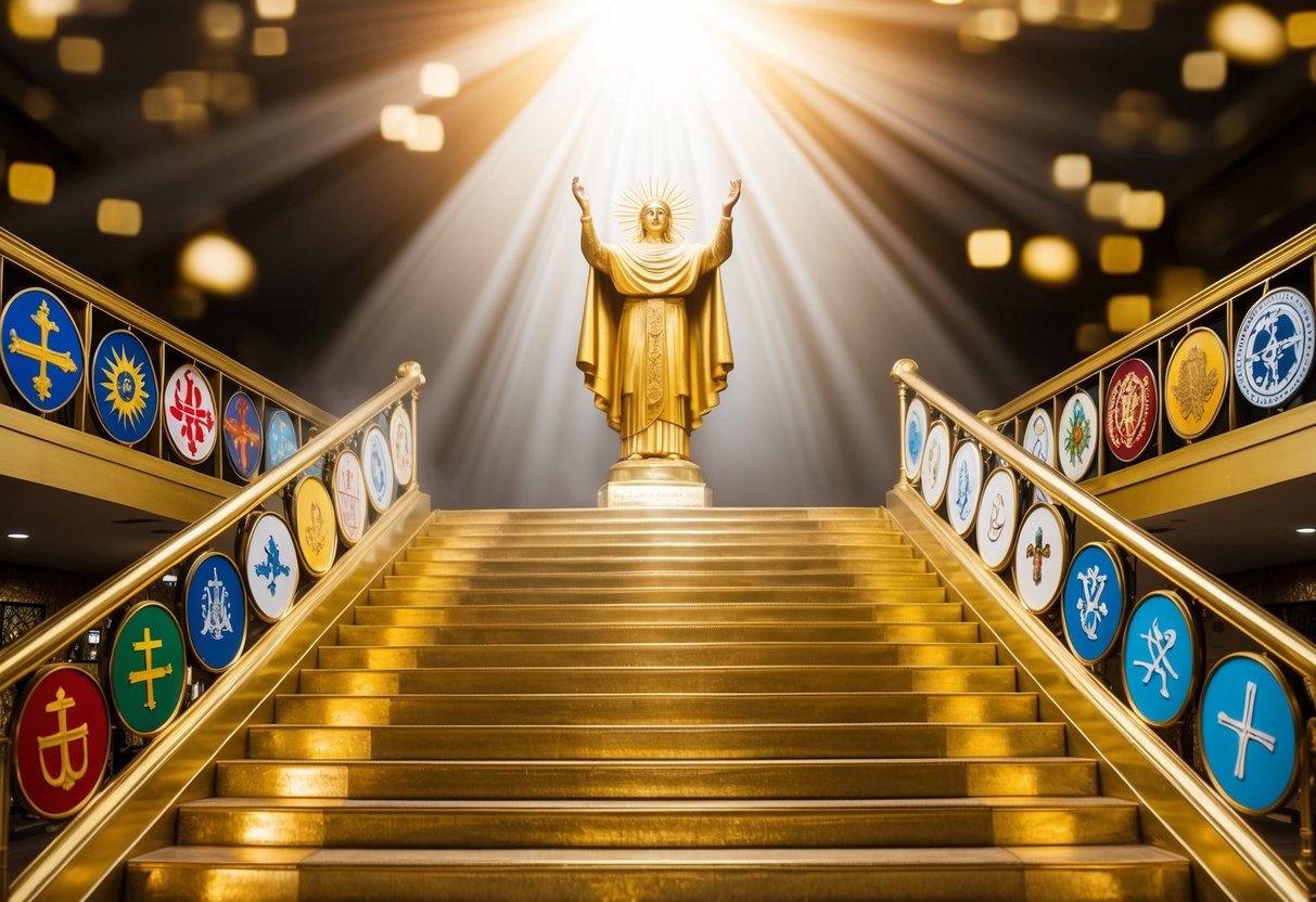 A radiant figure stands atop a golden staircase, surrounded by symbols of various religions, while a beam of light shines down from above