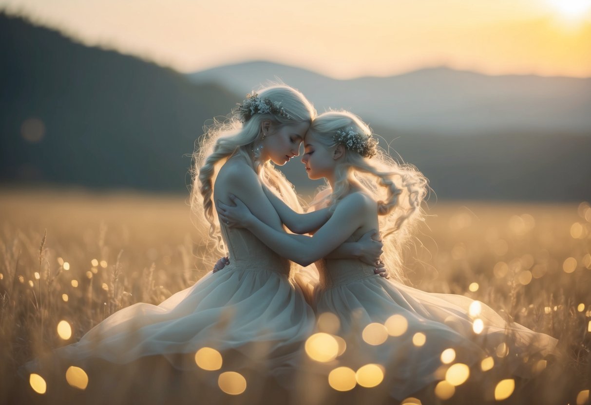 A serene, ethereal landscape with shimmering golden light and delicate, otherworldly beings intertwined in a tender embrace