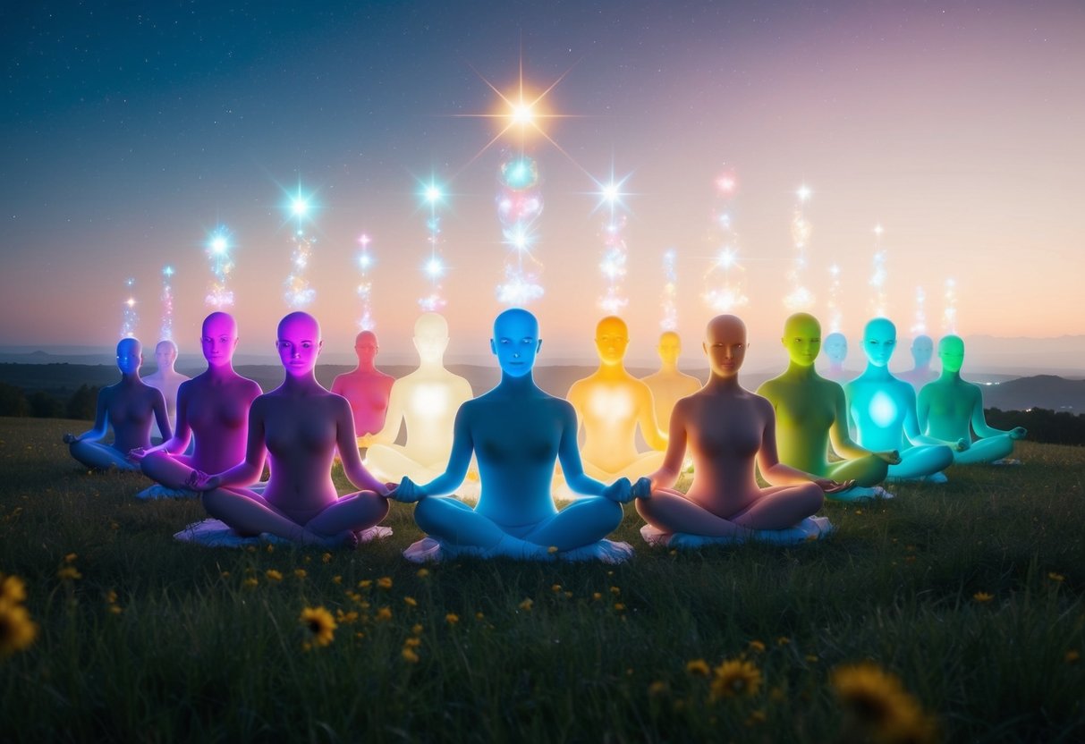 A serene, celestial landscape with a spectrum of genderless, glowing beings emanating love and harmony