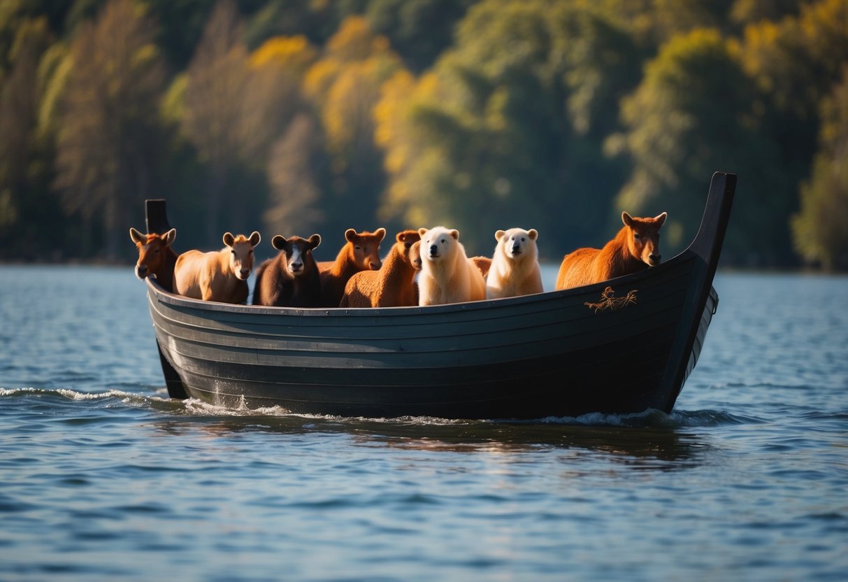 A crowded ark with pairs of various animals boarding