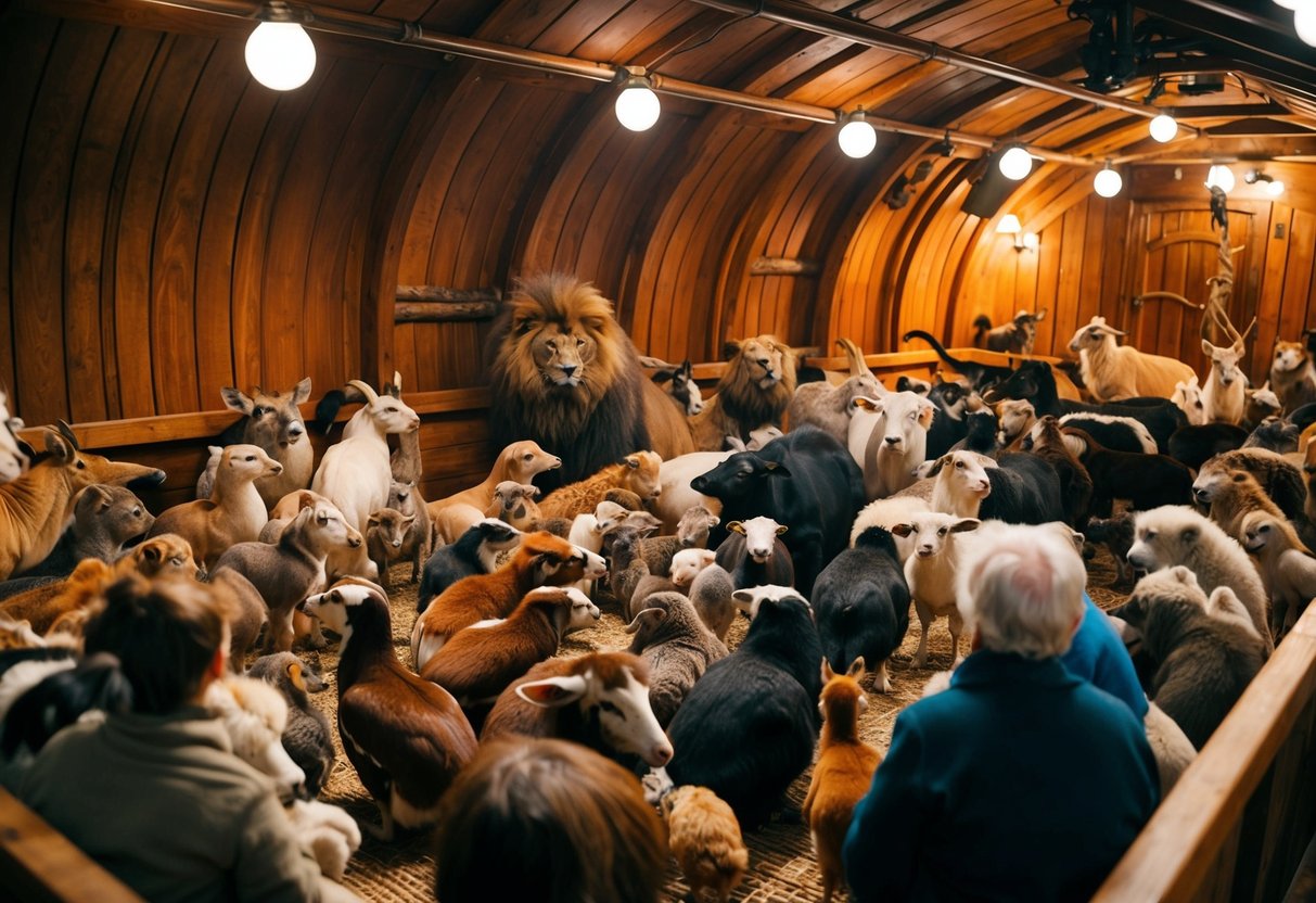 A bustling scene aboard the Ark, with various species of animals gathered together in their designated areas, creating a diverse and lively atmosphere