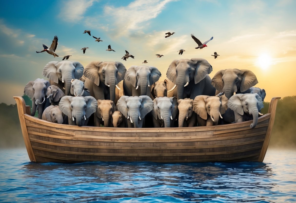 A crowded ark, filled with pairs of various animals, from elephants to birds, all peacefully coexisting in their temporary shelter