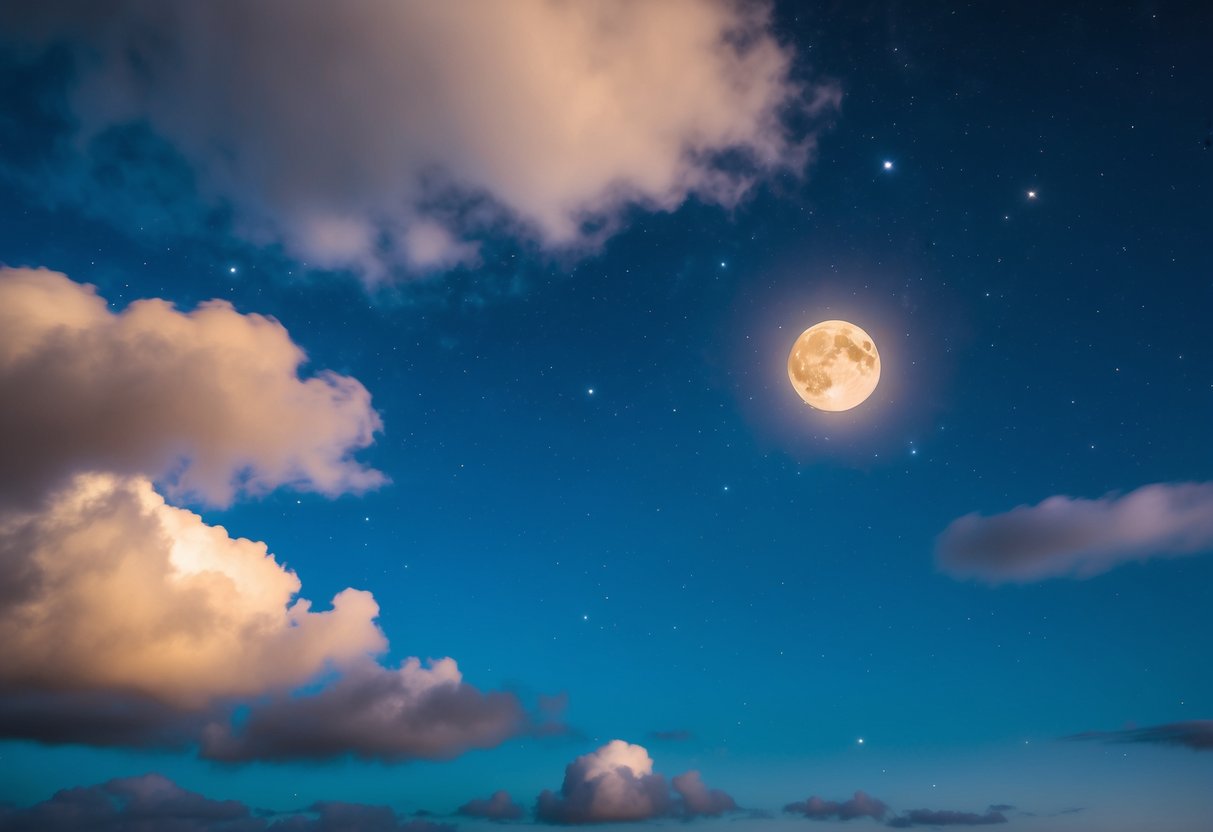 A peaceful, starry night sky with a glowing moon, fluffy clouds, and twinkling stars, creating a serene and tranquil atmosphere