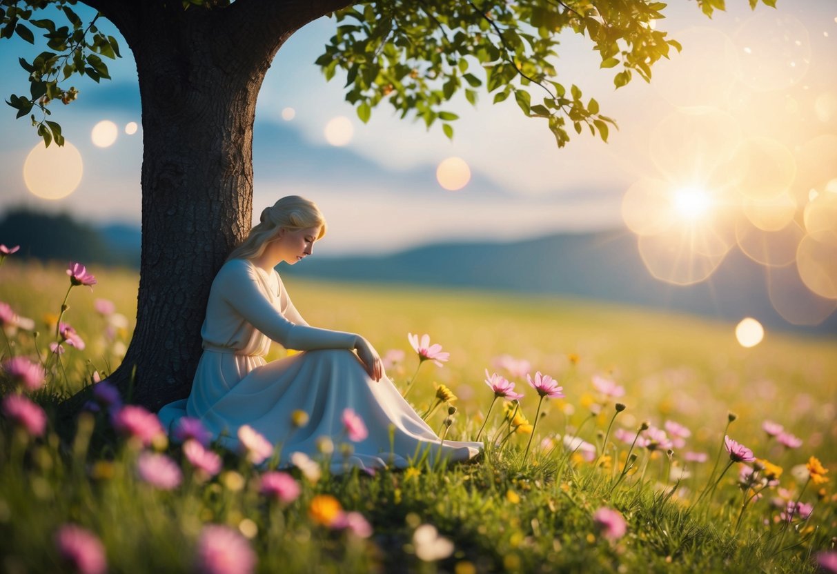 A serene, celestial landscape with a peaceful figure resting under a tree, surrounded by vibrant flowers and gentle, golden light
