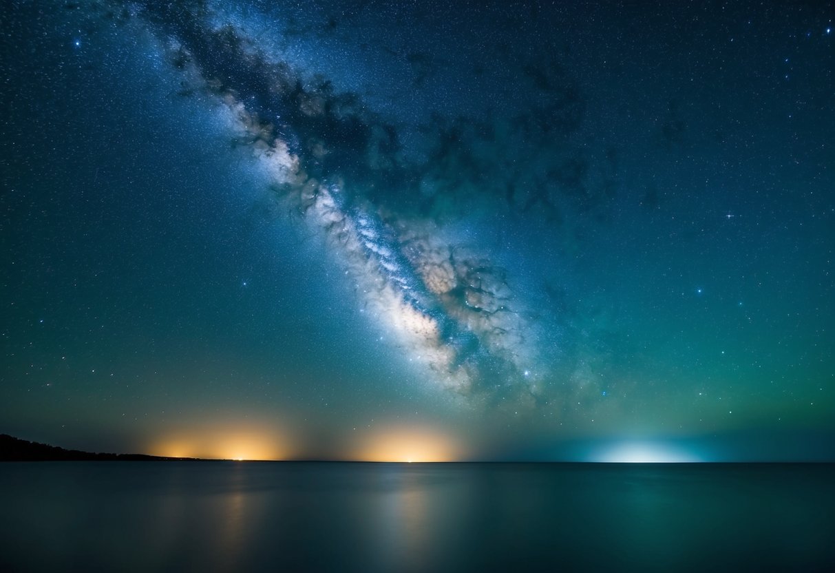 A peaceful, starry night sky with a soft, glowing light emanating from a distant, celestial realm