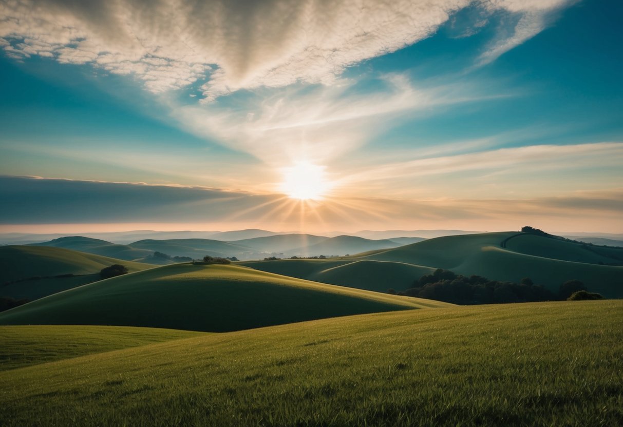 A serene landscape with a majestic sky, rolling hills, and a sense of divine harmony and peace