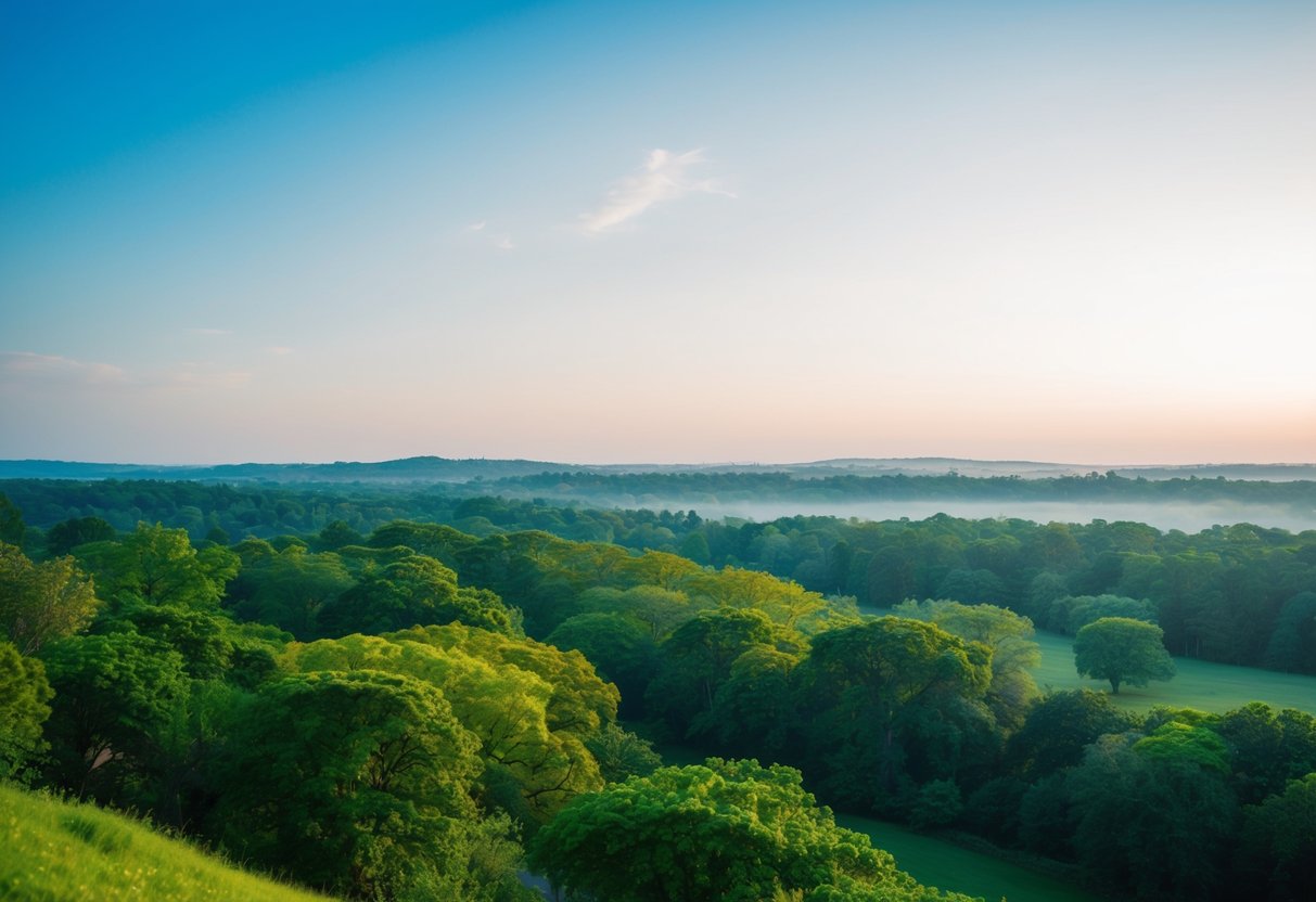 A serene landscape with a clear sky and lush greenery, evoking a sense of harmony and balance