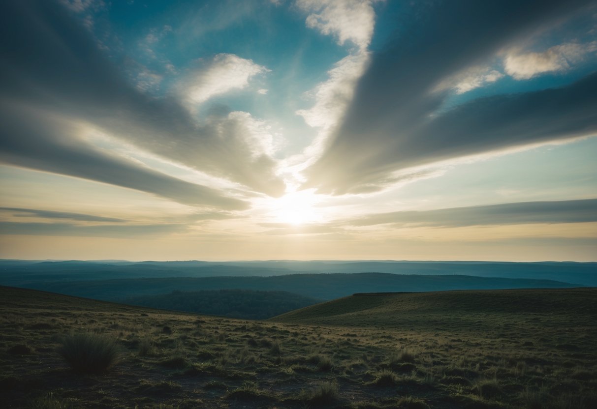 A serene landscape with a heavenly sky and earthly terrain, evoking a sense of divine presence and submission to a higher will