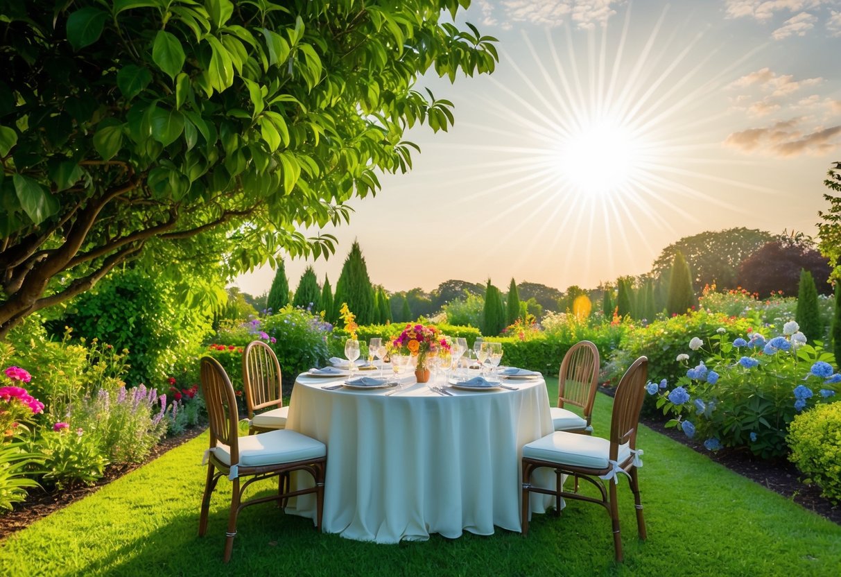 A serene garden with a table set for a feast, surrounded by lush greenery and colorful flowers under a radiant sky