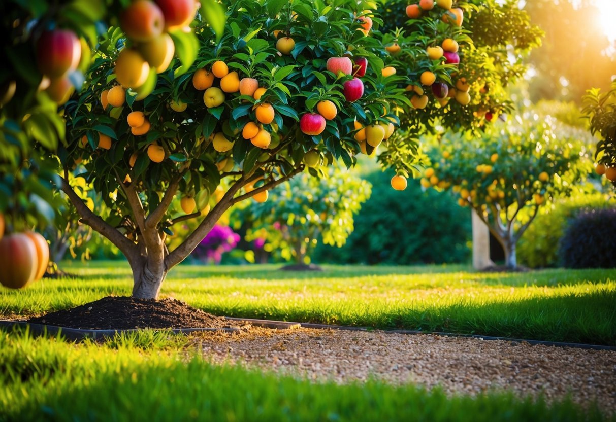 A peaceful garden with a variety of luscious fruits growing on vibrant trees, surrounded by golden light and a serene atmosphere