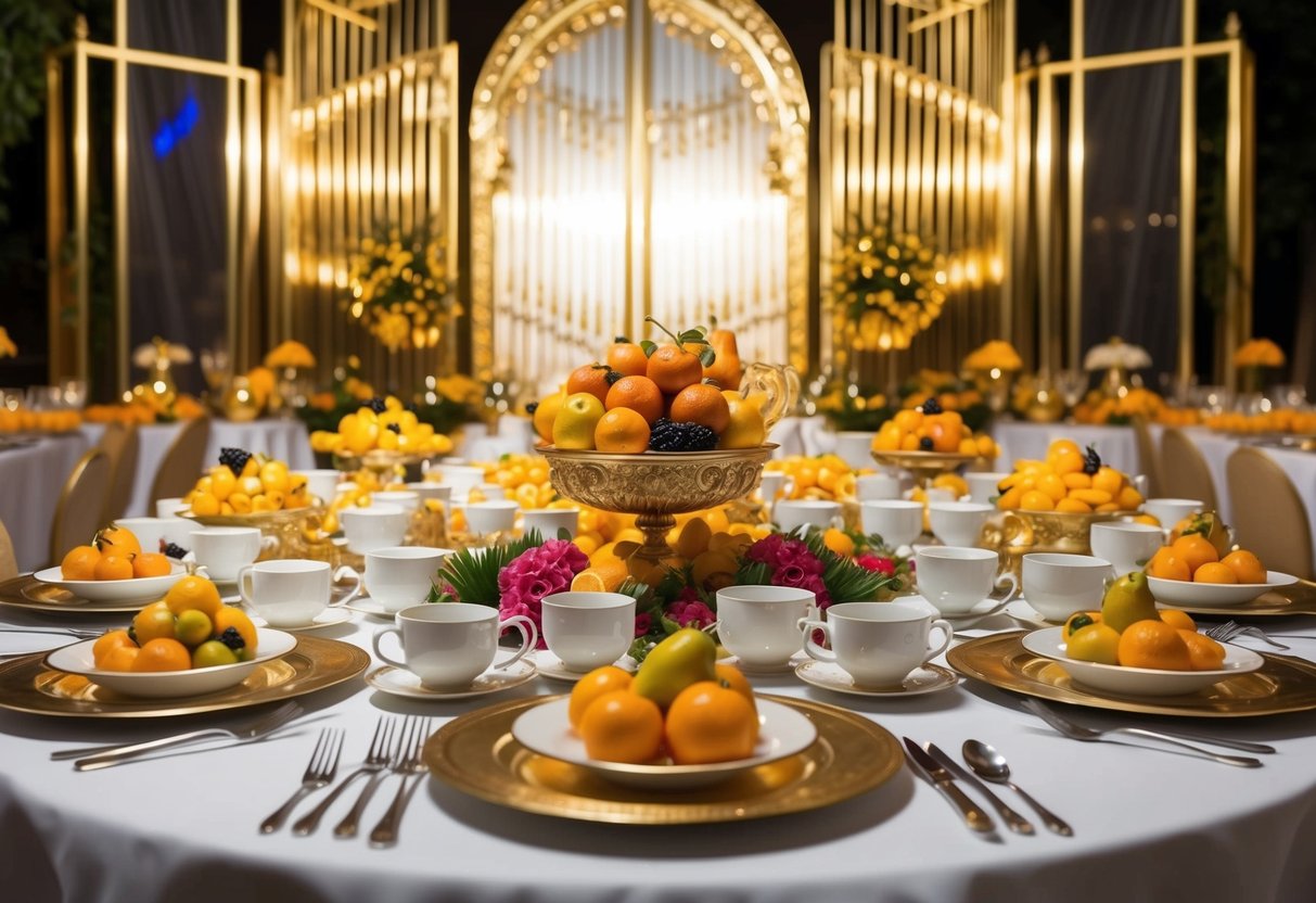 A lavish banquet with overflowing cups and abundant fruits, set against a backdrop of golden gates and radiant light