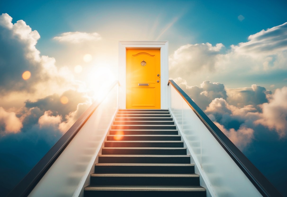 A bright staircase leading up to a glowing door in the clouds