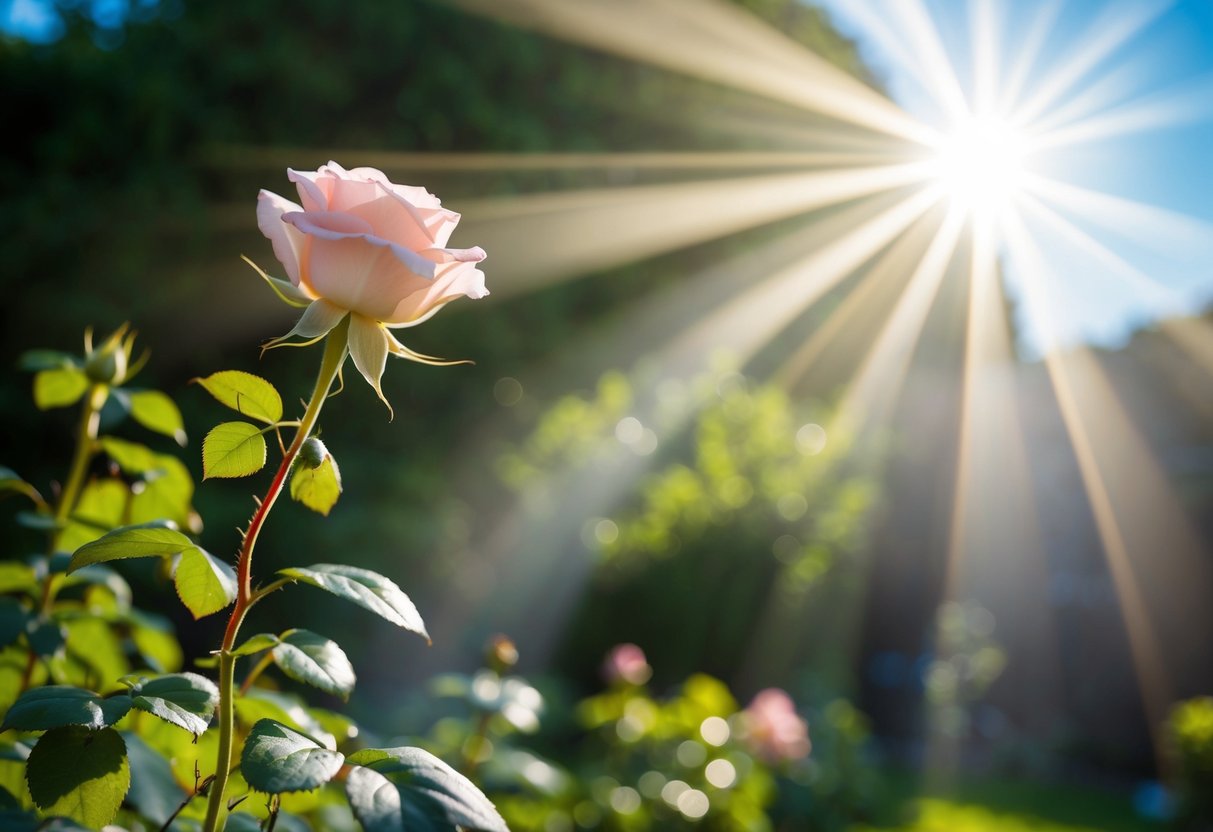 A serene garden with a single blooming rose and a radiant beam of light shining down from the sky