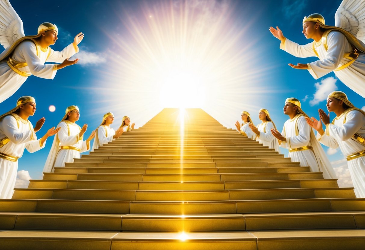 A golden staircase ascends into a radiant sky, with celestial beings surrounding it in awe