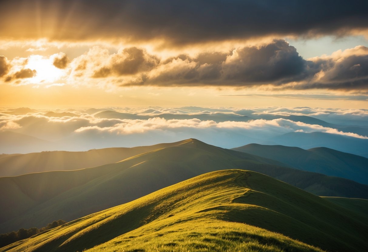 A serene mountaintop with golden sunlight filtering through fluffy clouds, casting a warm glow on rolling hills and lush greenery