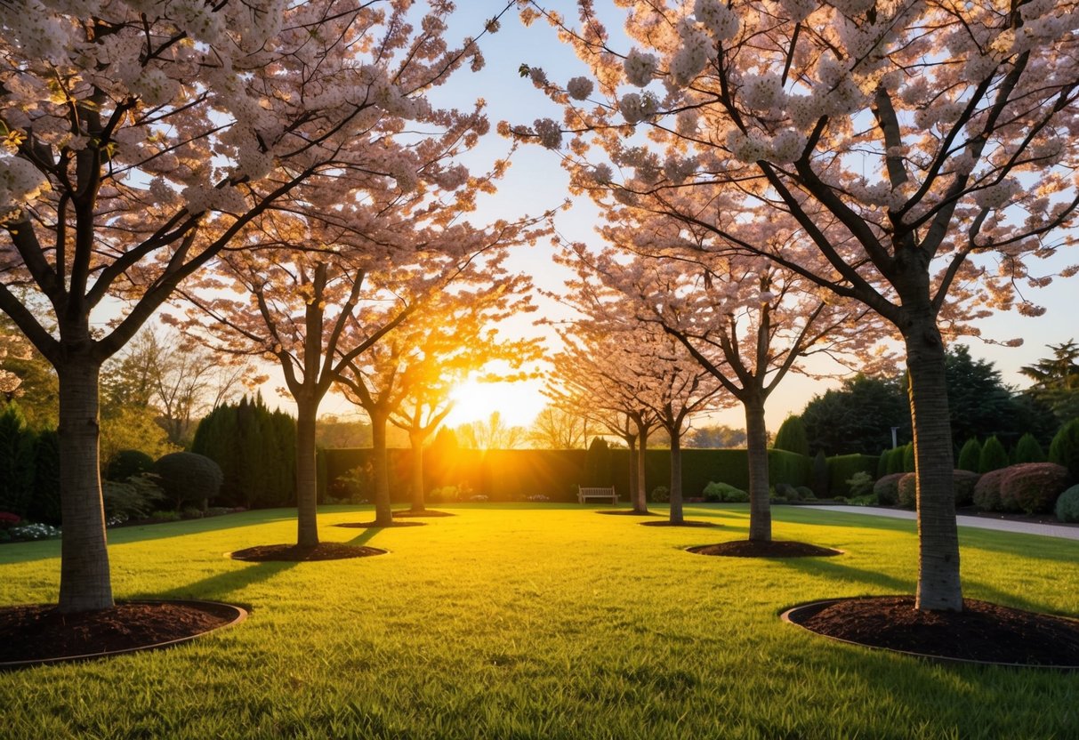 A serene garden with seven blooming cherry blossom trees under a golden sunset