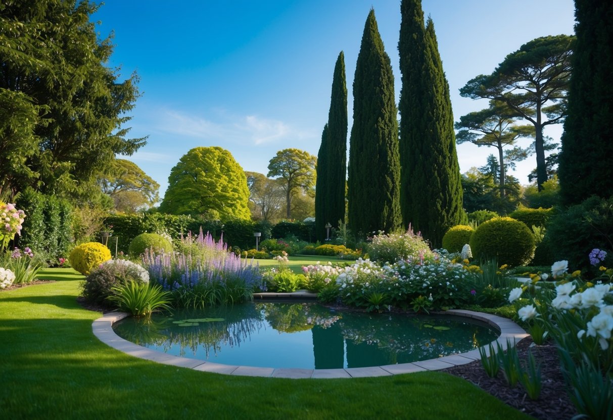 A serene garden with blooming flowers, a tranquil pond, and a clear blue sky, surrounded by tall, lush trees