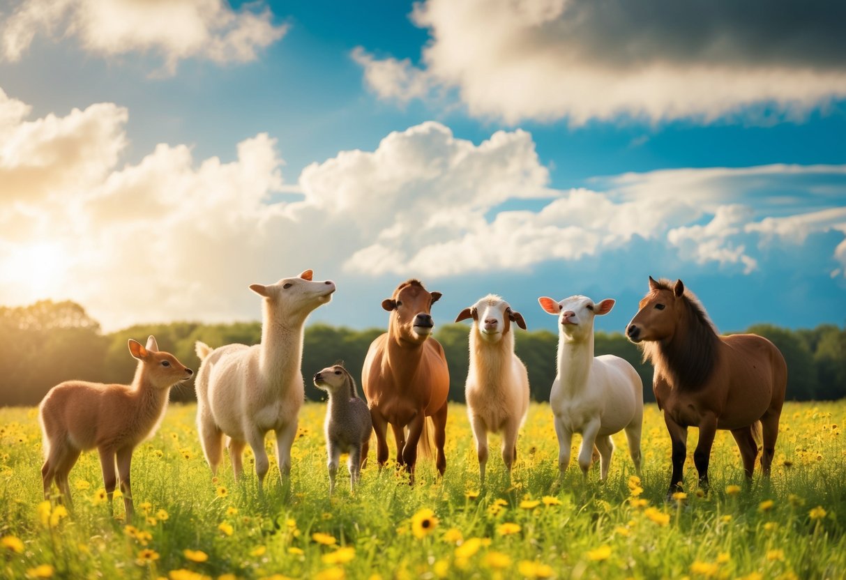 Animals of all kinds converse joyfully in a lush, sunlit meadow in the clouds
