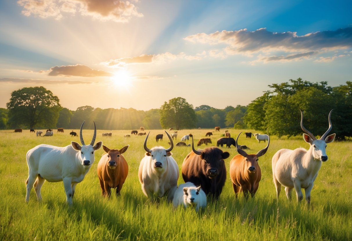 A serene meadow with various animals peacefully coexisting under a radiant sky, suggesting a harmonious afterlife for animals